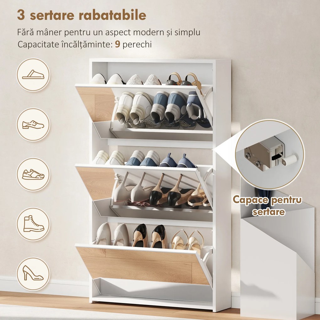 HOMCOM Dulap de Pantofi cu Oglindă și 3 Sertare Rabatabile 65x17x114.5 cm Alb | Aosom Romania