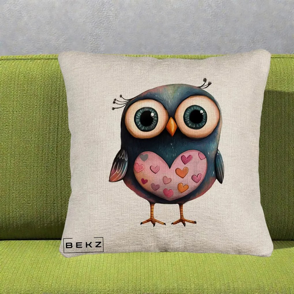 Perna Decorativa Bufnita cu Inimioare Roz, 40x40 cm, Bej Canapea, Husa Detasabila, Perna Inclusa, BEKZ®