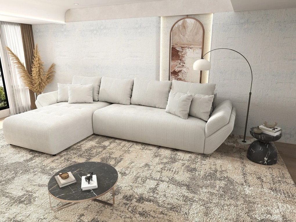 Colțar extensibil dumonde cu ladă de depozitare si sezut confortabil din spuma high-density, Berlin XL Zoom Crem 350x185 cm