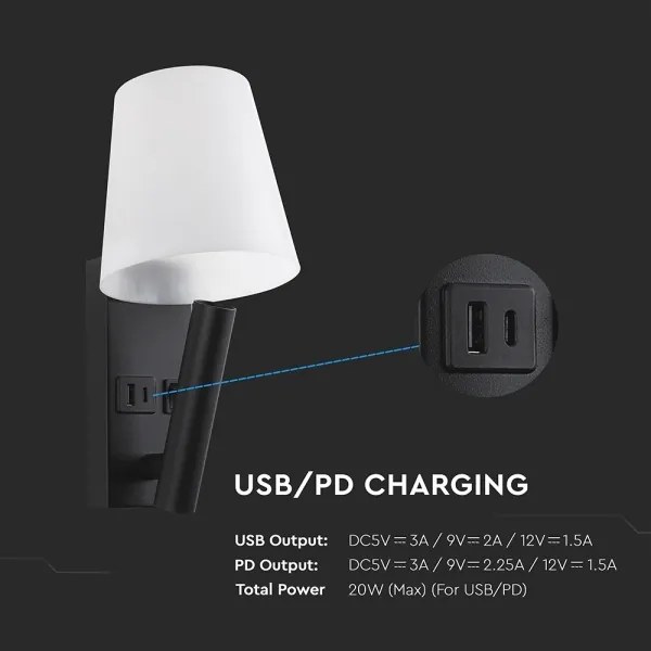 Lampă de perete LED cu port USB, 2W, 230V, 3000K, negru/alb