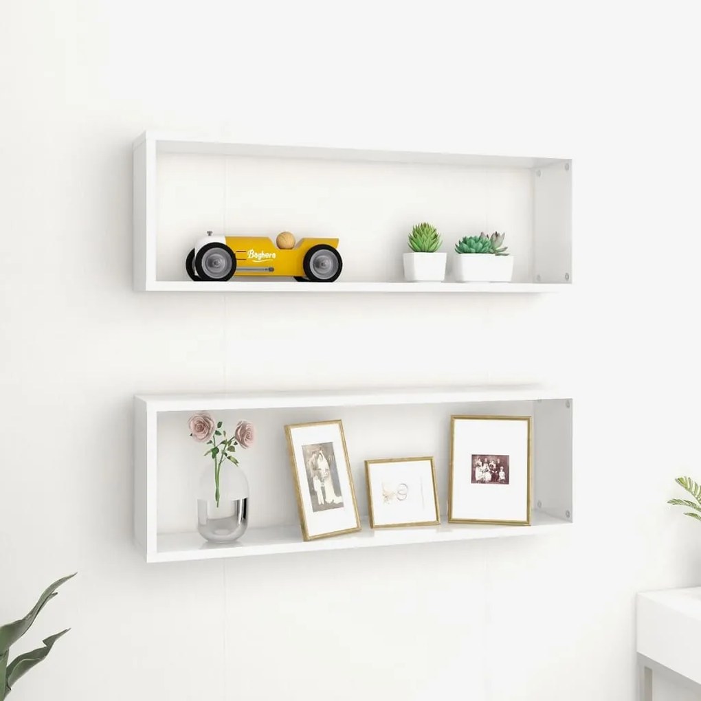 807124 vidaXL Rafturi de perete cub 2 buc alb extralucios 80x15x26,5 cm PAL