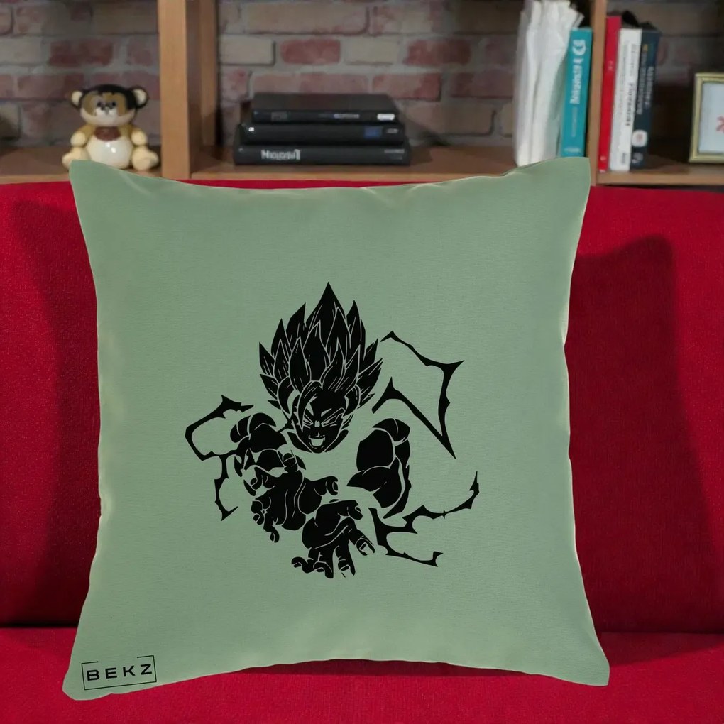Perna Personalizata Dragon Ball Goku Super Saiyan Silueta, 40x40 cm, Verde, Husa Detasabila, Perna Inclusa, BEKZ®