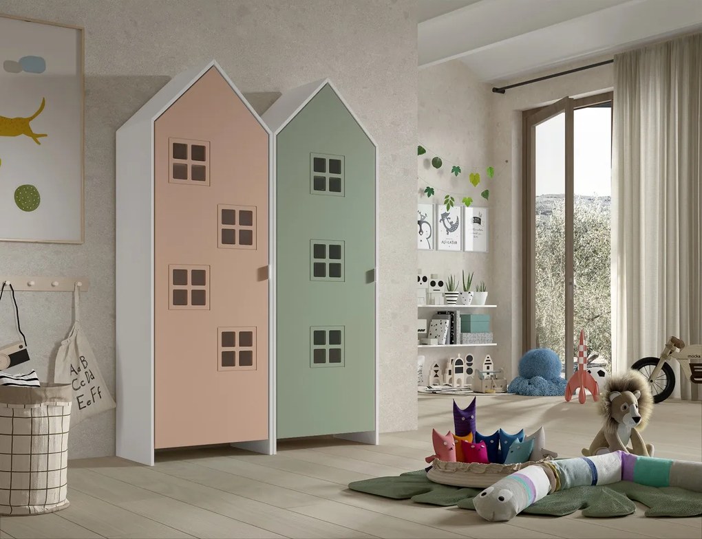 Set 2 dulapuri pentru copii Casami Bruges tip căsuță de plajă – Comfy Pink și Entangled Green – Vipack