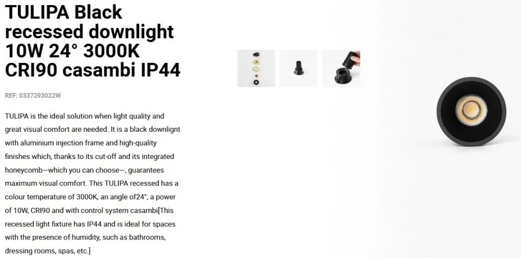 Spot LED incastrabil TULIPA Black recessed downlight 10W 24° 3000K CRI90 casambi IP44