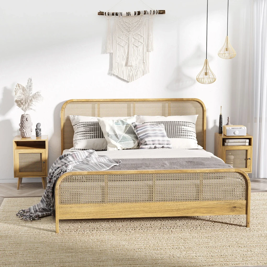HOMCOM Set 2 Noptiere Moderne cu Dulap și Raft Deschis PAL Ratan MDF pentru Dormitor și Living 39x35x60 cm | Aosom Romania