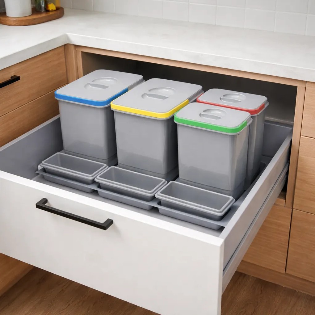 Cos gunoi incorporabil in sertar, Ecomax Praktico 800, colectare selectiva, gri, 2 x 15 l, 2 x 7 l Plastic, L:710 mm; A:475 mm; H:300 mm, 800 mm,
