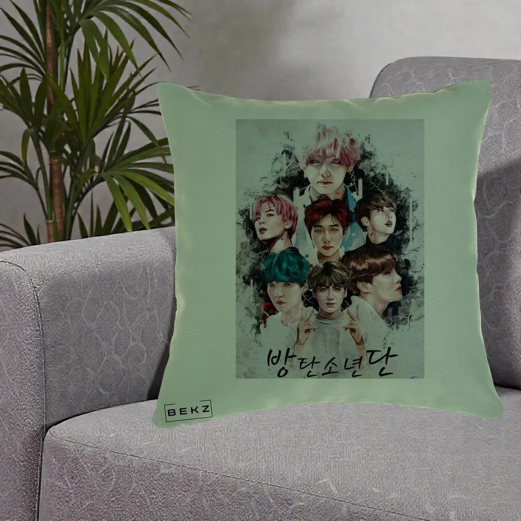 Perna Personalizata K-pop BTS Bangtan Boys Poster Artistic Negru Alb, 40x40 cm, Verde, Husa Detasabila, Perna Inclusa, BEKZ®