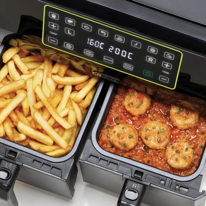 Friteuza dubla cu aer cald Ariete DUAL 4623/00, 1700W, 8 L, 8 programe, 35-200°C, Sincronizare, Panou tactil LCD, Negru
