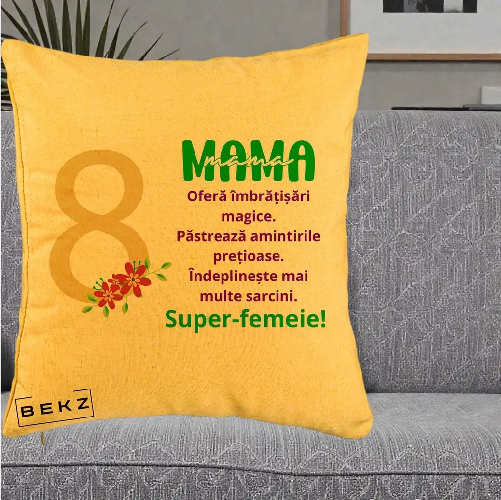 Cadou pentru Mama - Perna Personalizata Mama Super-Femeie cu Cifra 8 si Flori 8 Martie, 40x40 cm, Galben, Husa Detasabila, Perna Inclusa, BEKZ®