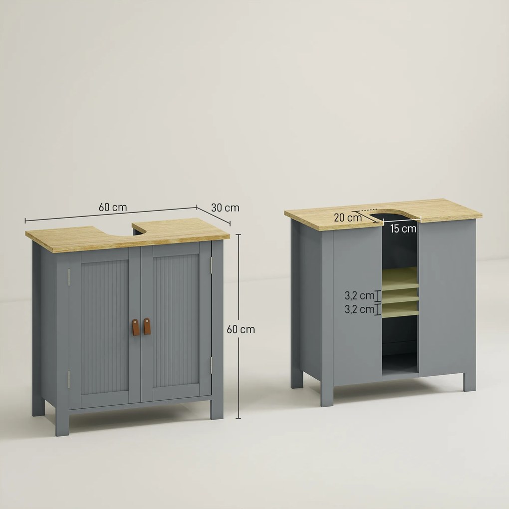 kleankin Mobilier subchiuvetă 2 uși raft reglabil 2 etaje în interior mânere din PU 60 x 30 x 60 cm gri | Aosom Romania