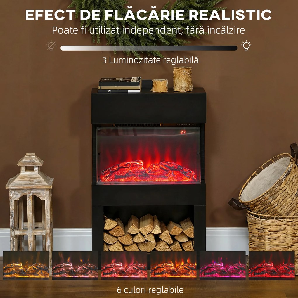 HOMCOM Șemineu electric cu efect de flacără colorată, 1000W/2000W și telecomandă | Aosom Romania