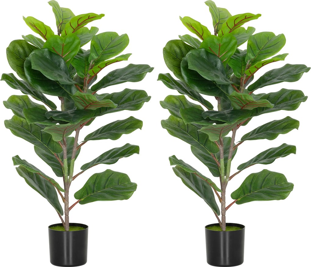 HOMCOM Set de 2 plante artificiale de interior 80 cm ficus lyrata arbore artificial cu ghiveci din plastic și sol flocat verde | Aosom Romania