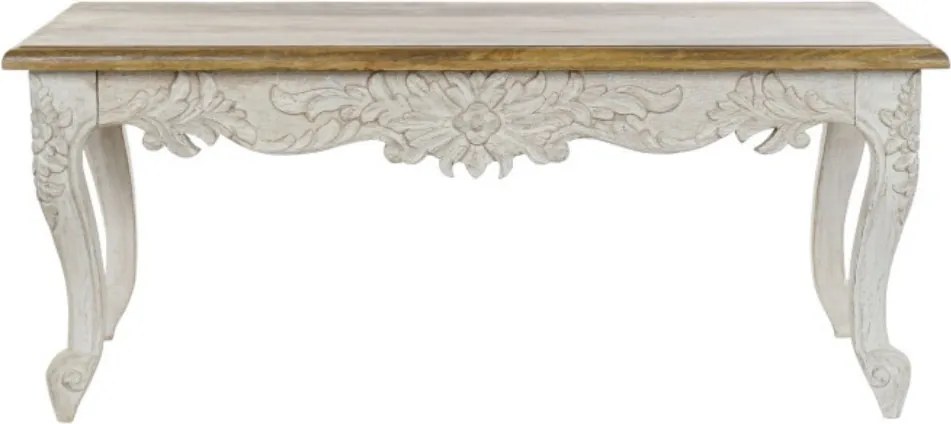 Măsuță de cafea din lemn de mango sculptat manual, natur și alb, motive florale, finisaj patinat, 49 x 120 x 61 cm, „Floralis” – Ethnic Collections