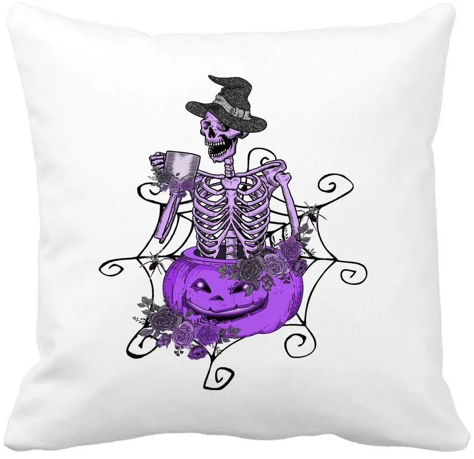 Perna Decorativa cu motiv Sechelet de Halloween 4, 40x40 cm, Alba, Mata, Husa Detasabila, Burduf