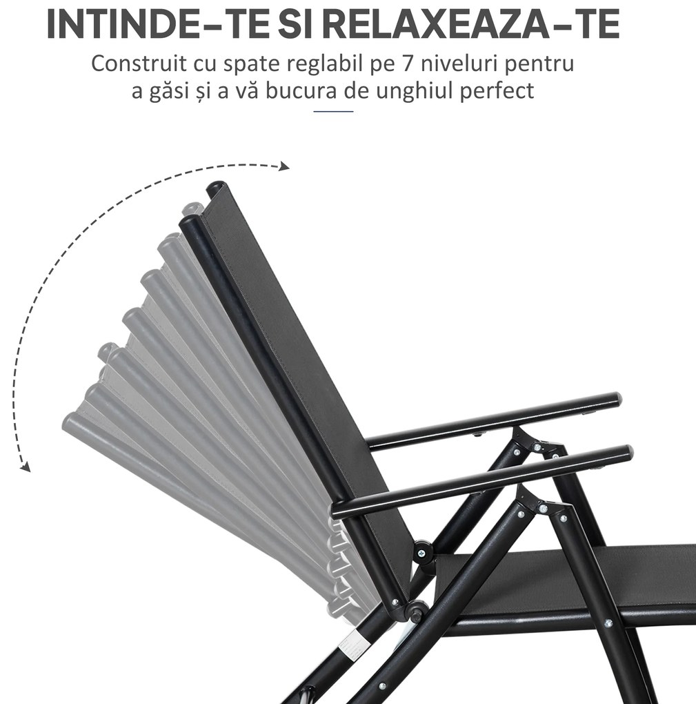 Outsunny Set 2 Sezlonguri de Gradina Pliabile, Spatar Reglabil, Cadru din Aluminiu, Confortabil, Negru, Ideal pentru Relaxare | Aosom Romania