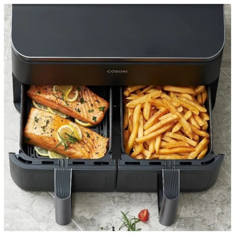 Friteuza cu aer cald Cosori Dual Basket CAF-R901-AEU, 1750 W, 8.5 L, 8 programe, Timer, Ecran tactil, Negru