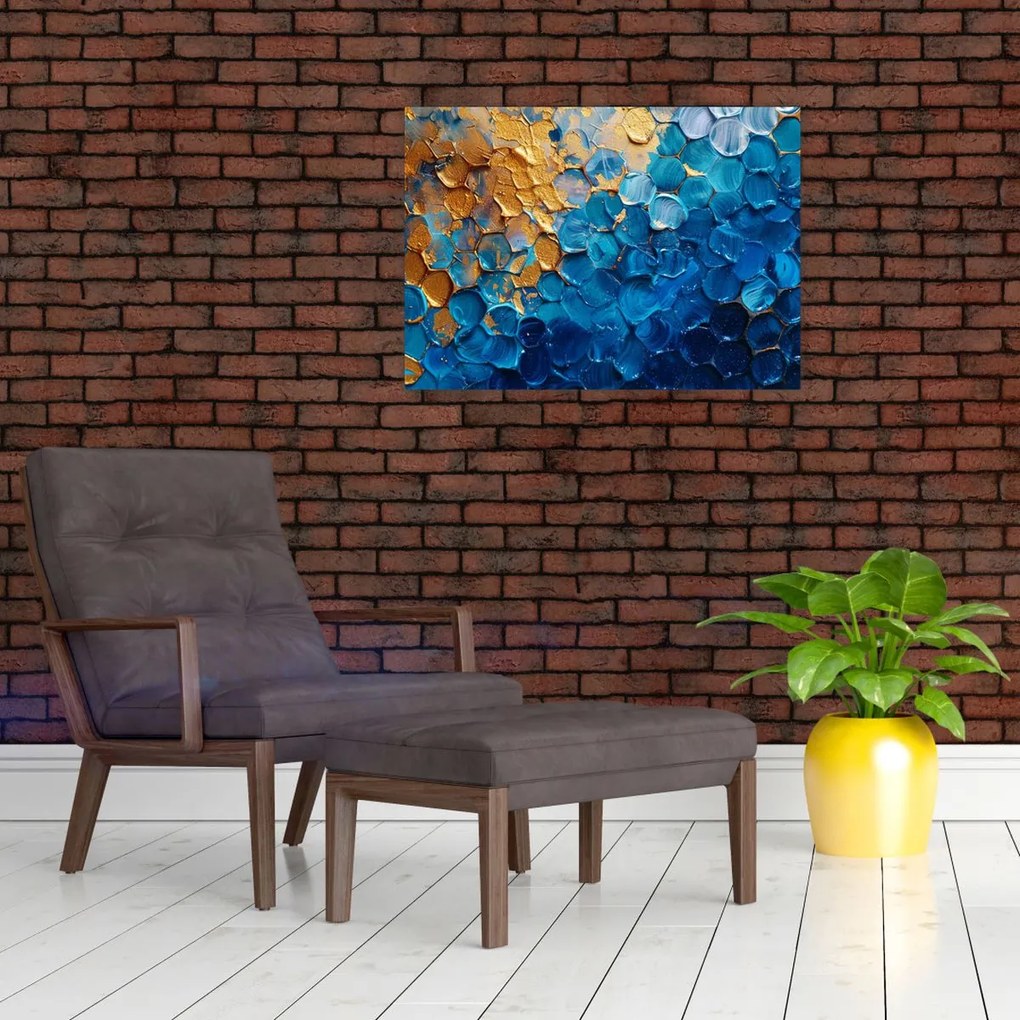 Tablou pe sticlă - Pictura albastru-auriu (70x50 cm)