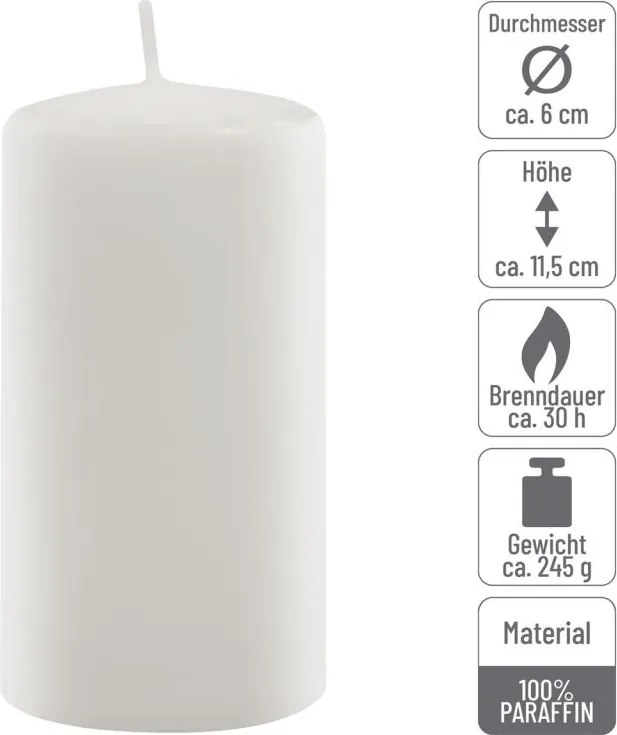 Set de lumânări pilon, 11,5 cm, Ø 6 cm, alb, 6 buc.