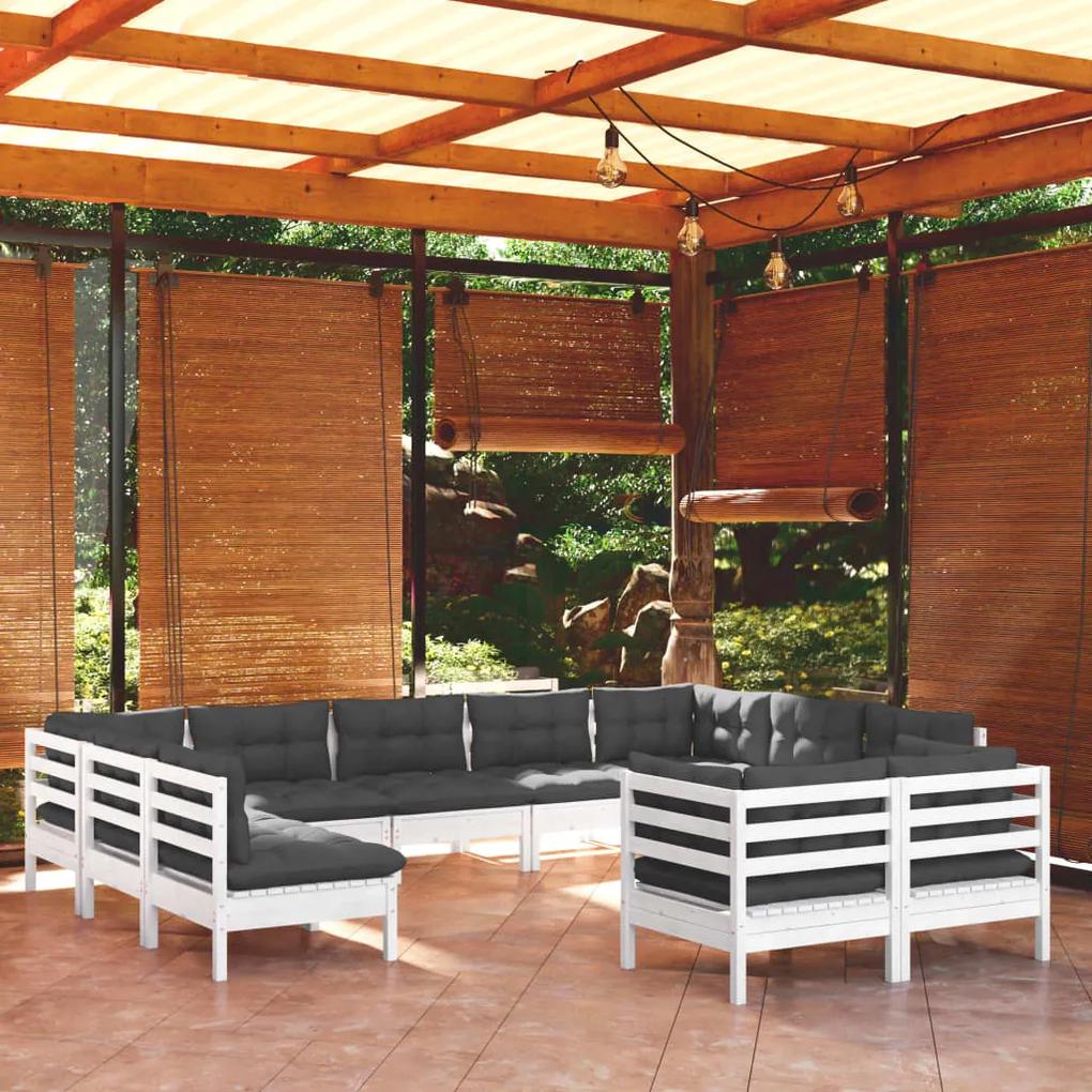 3097260 vidaXL Set mobilier grădină cu perne, 11 piese, alb, lemn masiv de pin