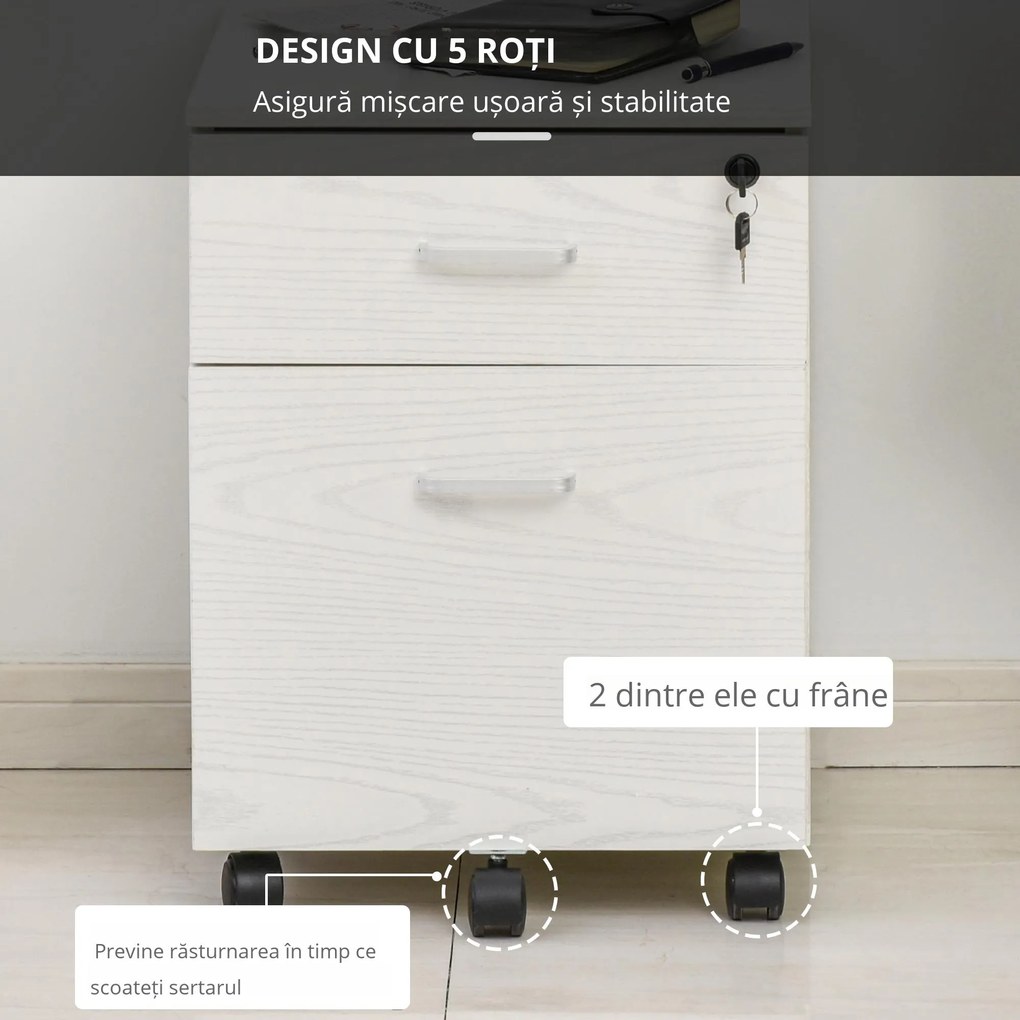 Vinsetto Dulap cu Sertar, cu 2 chei si cu 5 roti, dulap pentru depozitare documente, 40x44x54.6 cm, Design Compact, Alb | Aosom Romania