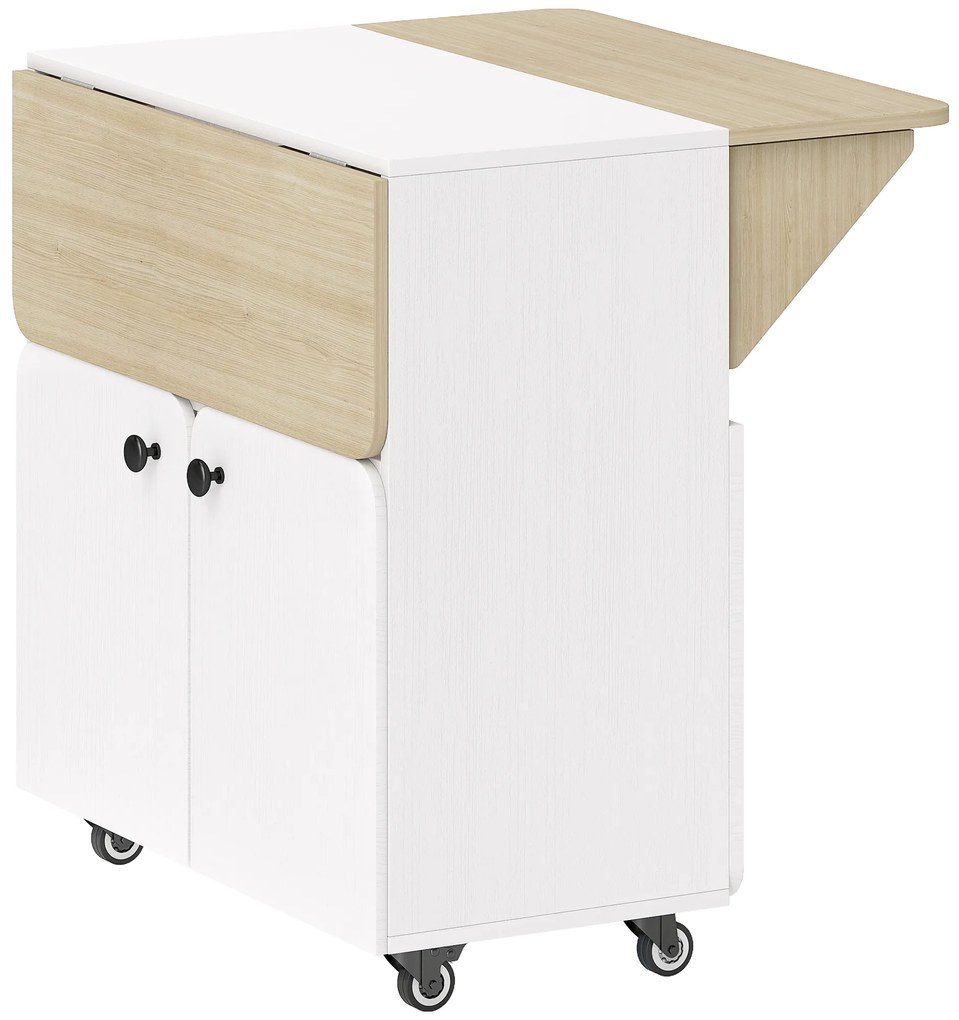 HOMCOM Masa de Dining Pliabilă cu Dulap pe Role, două părți pliabile ale mesei, Dulap, 4 Roți, Alb+Lemn natural, 70 x 83 x 75 cm | Aosom Romania