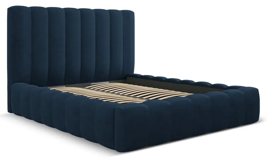 Pat matrimonial albastru închis tapițat cu spațiu de depozitare cu somieră 200x200 cm Kelp – Micadoni Home