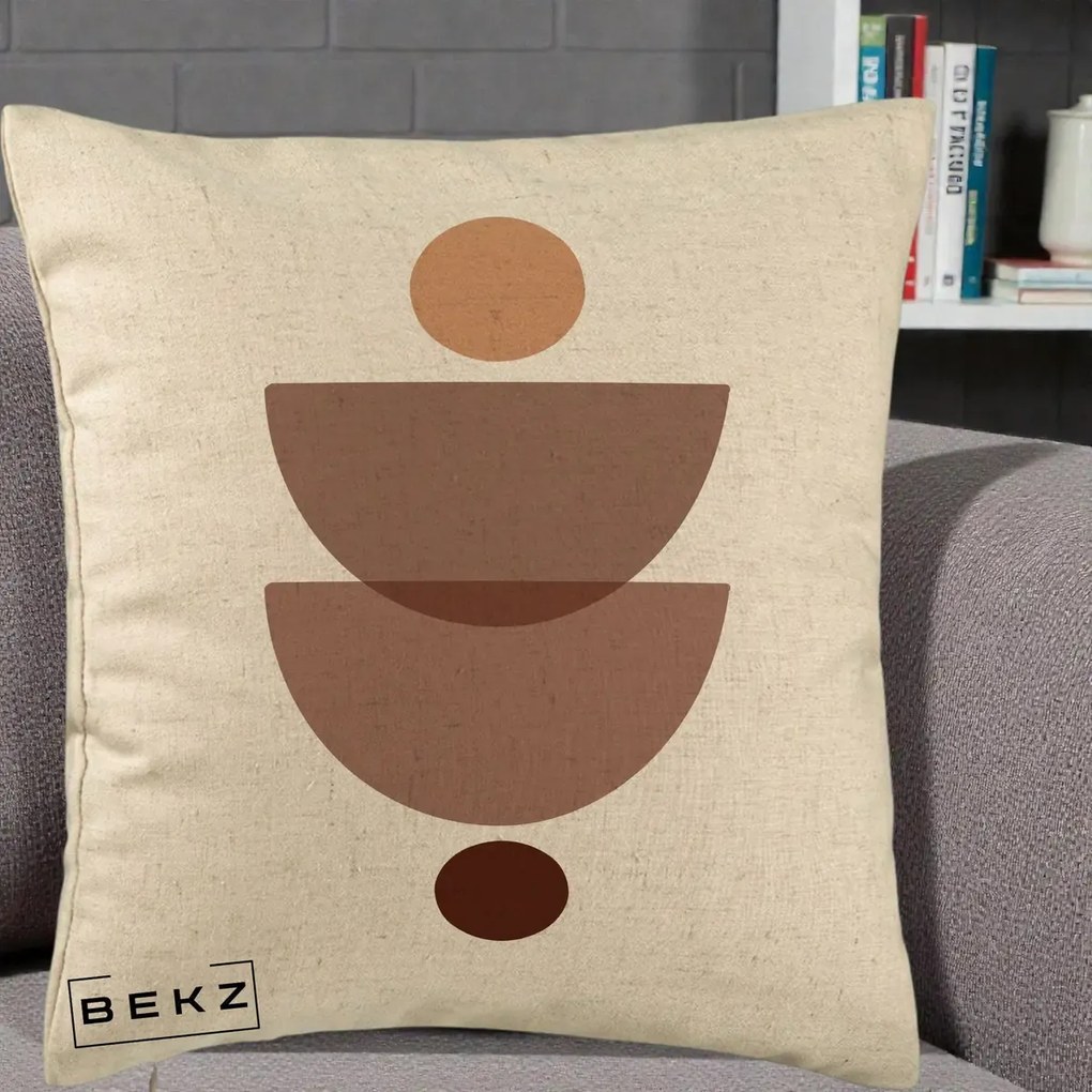 Perna Decorativa Geometric Boho Semicercuri Brun, 40x40 cm, Bej, Husa Detasabila, Perna Inclusa, BEKZ®