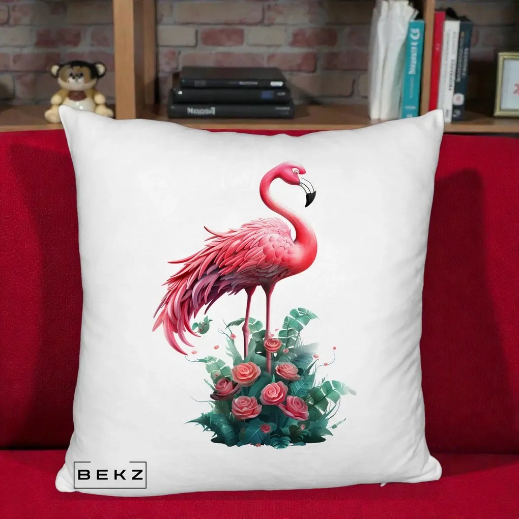 Perna Decorativa Flamingo cu Trandafiri Tropicali, 40x40 cm, Alb Pufos, Husa Detasabila, Perna Inclusa, BEKZ®