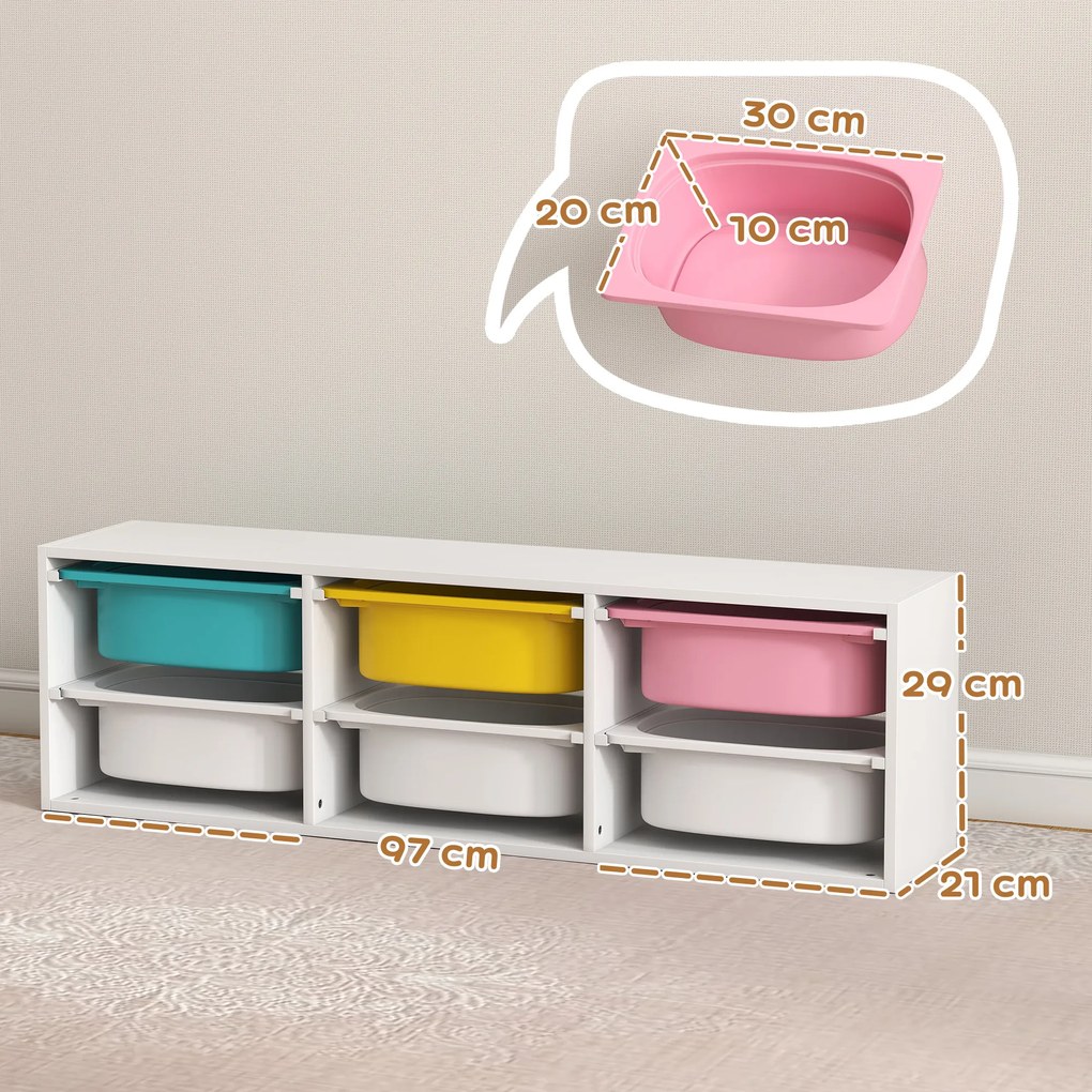 AIYAPLAY Raft pentru Jucării din Lemn cu 6 Recipiente Detașabile din Plastic, Multicolor | Aosom Romania