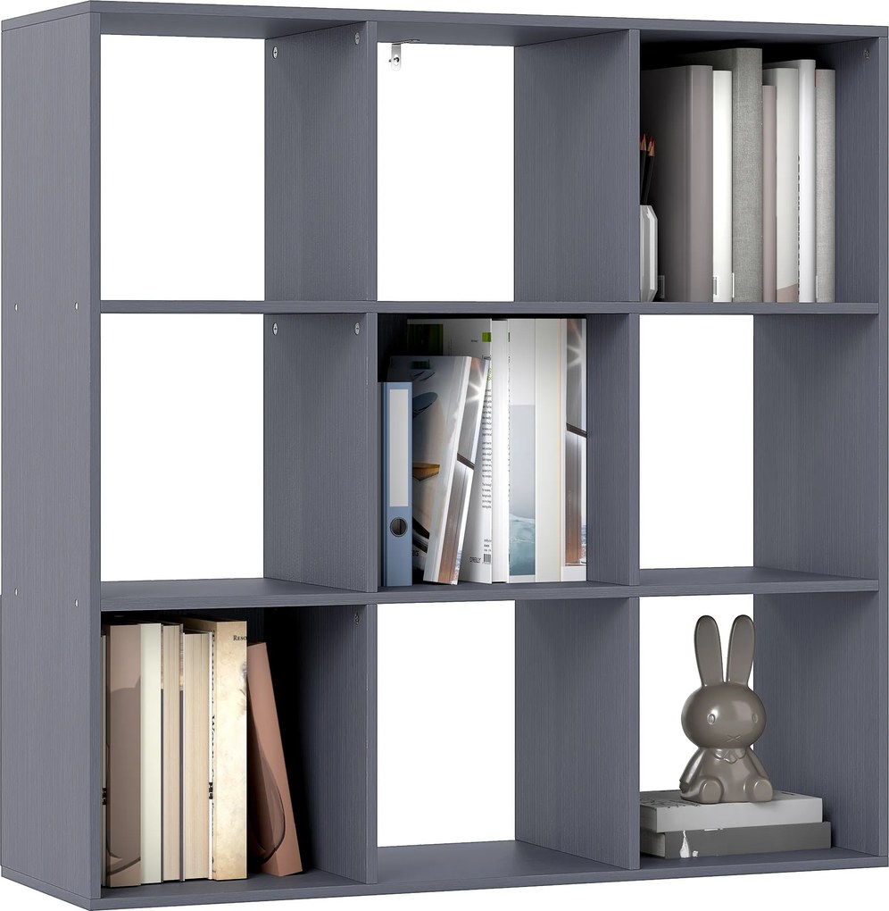 HOMCOM Bibliotecă, etajeră de depozitare în 3 niveluri cu 9 compartimente, pentru living, birou, dormitor, 91x29,5x91cm, gri | Aosom Romania