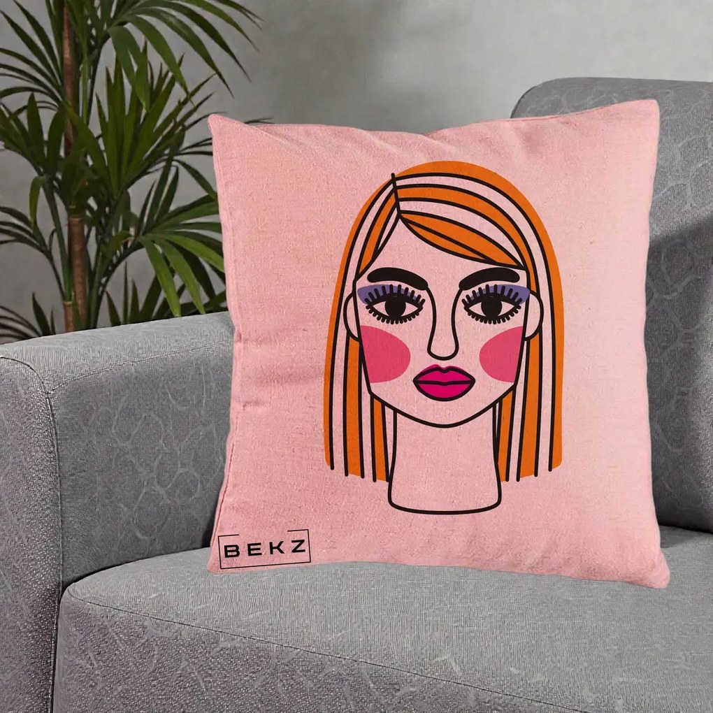 Perna Decorativa Portret Pop Art Fata, 40x40 cm, Roz, Husa Detasabila, Perna Inclusa, BEKZ®