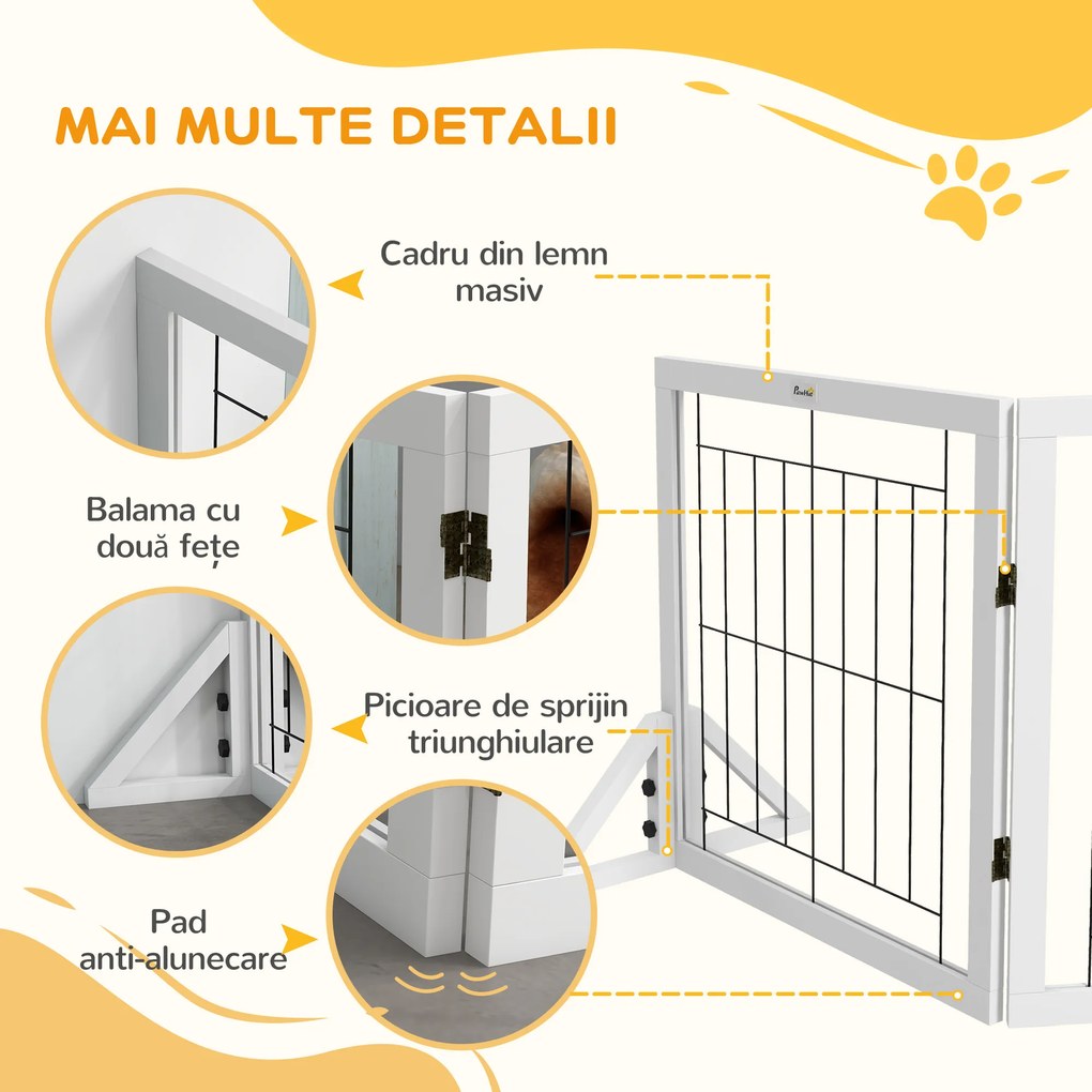 PawHut Poartă Pliabilă pentru Câini, Poartă de Siguranță pentru Animale și Căţei cu 4 Panouri și Picioare Triunghiulare, 280x70 cm, Alb | Aosom Romania