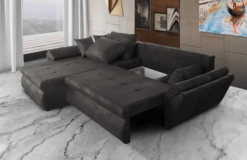Colțar extensibil dumonde cu ladă de depozitare si sezut confortabil din spuma high-density, Loana Madagaskar Black 270x185 cm