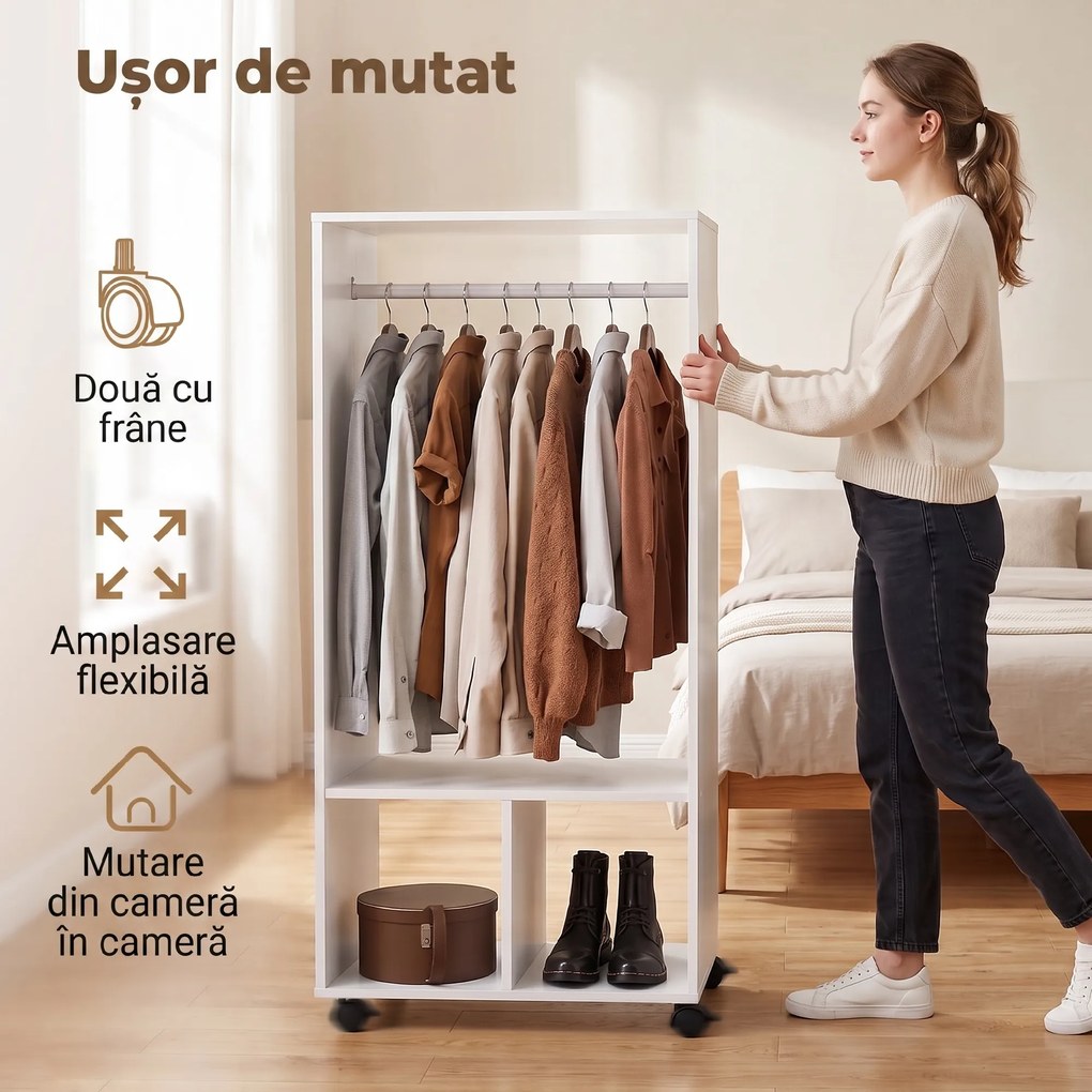 HOMCOM Cuier cu Bară din Aluminiu și 2 Rafturi Deschise, 60x40x128 cm, Alb | Aosom Romania