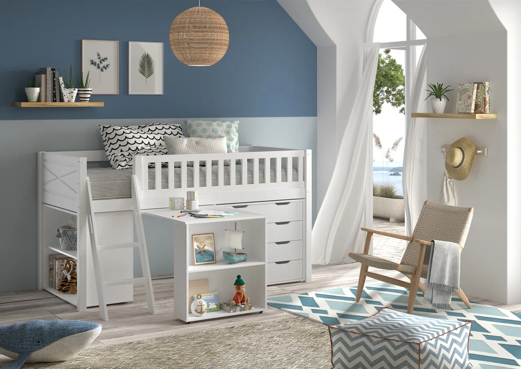 Set pat semi-supraetajat pentru copii SCOTT, alb, 90 x 200 cm, din pin scandinav și MDF, cu birou glisant, bibliotecă și comodă cu 4 sertare – Vipack