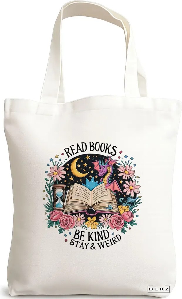 Sacosa de Panza pentru Cumparaturi, Geanta Tote, model Read Books Be Kind Stay &amp; Weird 38 x 34.5 cm, Alba, BEKZ®
