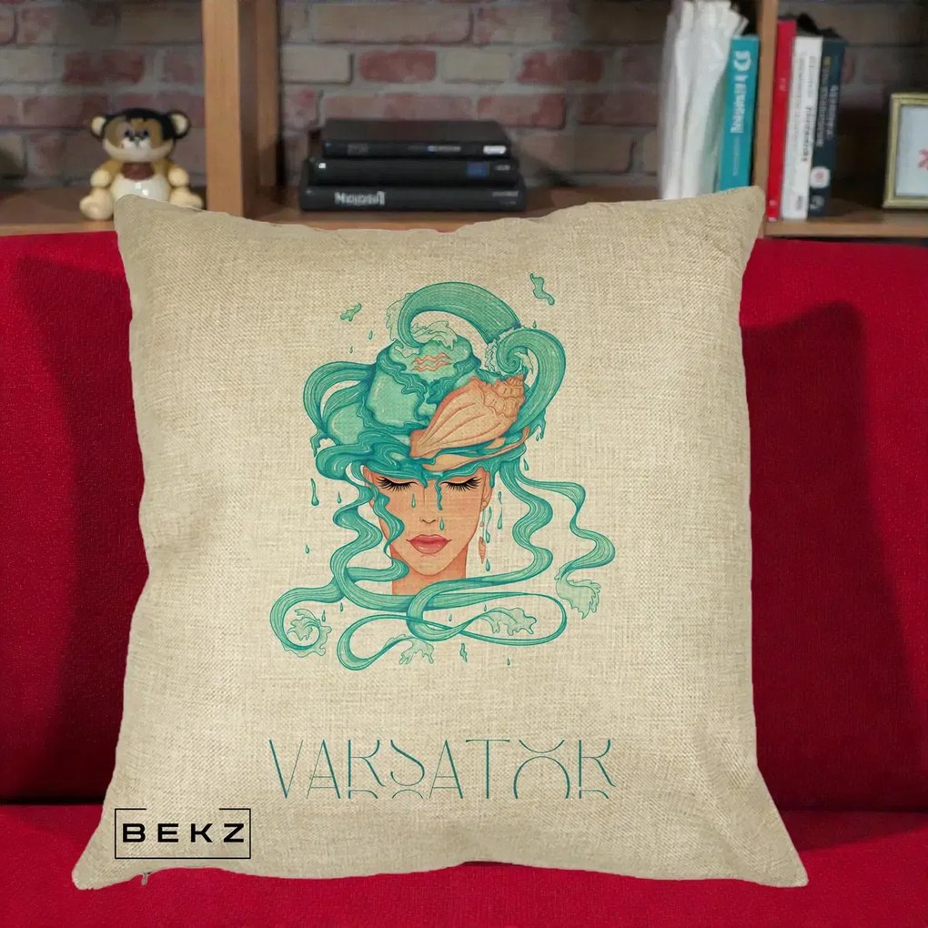 Perna Personalizata Zodiac Varsator Cowgirl, 40x40 cm, Crem, Husa Detasabila, Perna Inclusa, BEKZ®