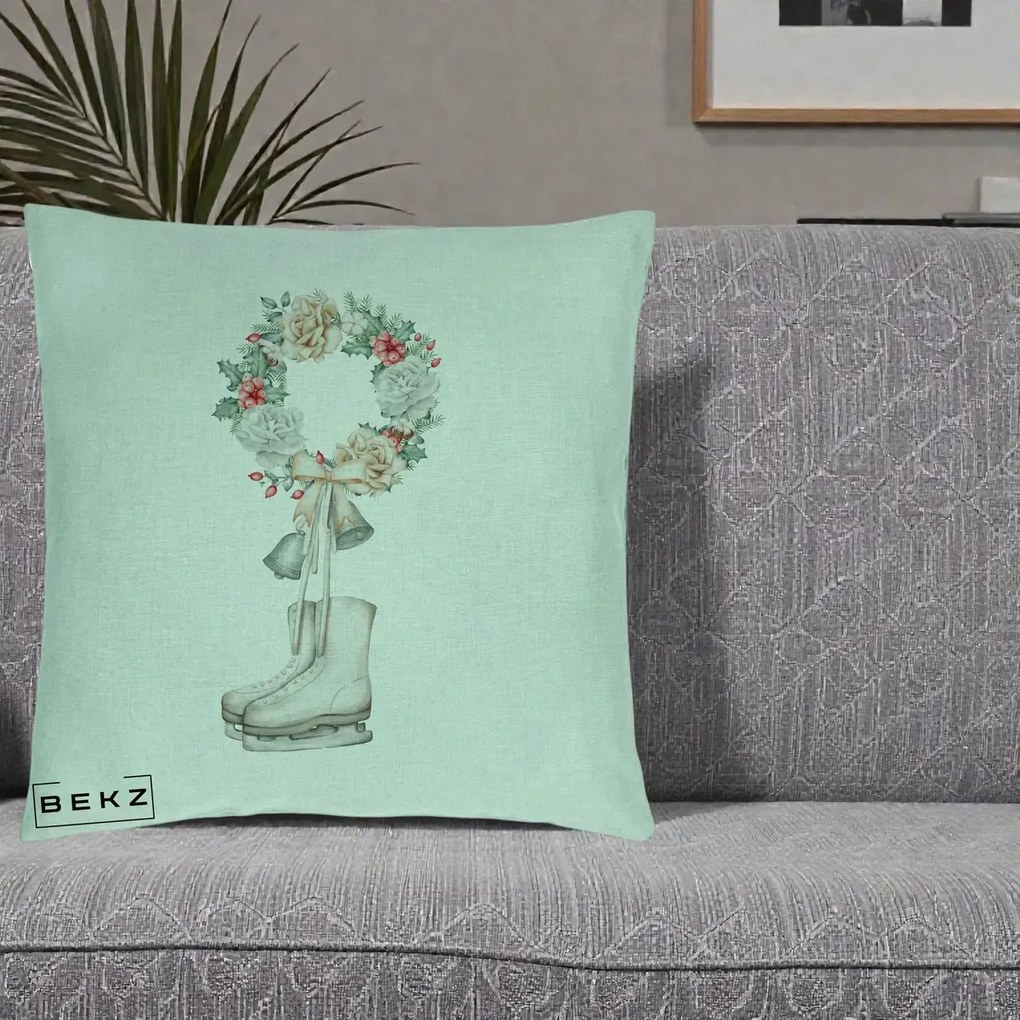 Perna Decorativa Patine cu Coroana Florala de Craciun, 40x40 cm, Verde Menta, Husa Detasabila, Perna Inclusa, BEKZ®