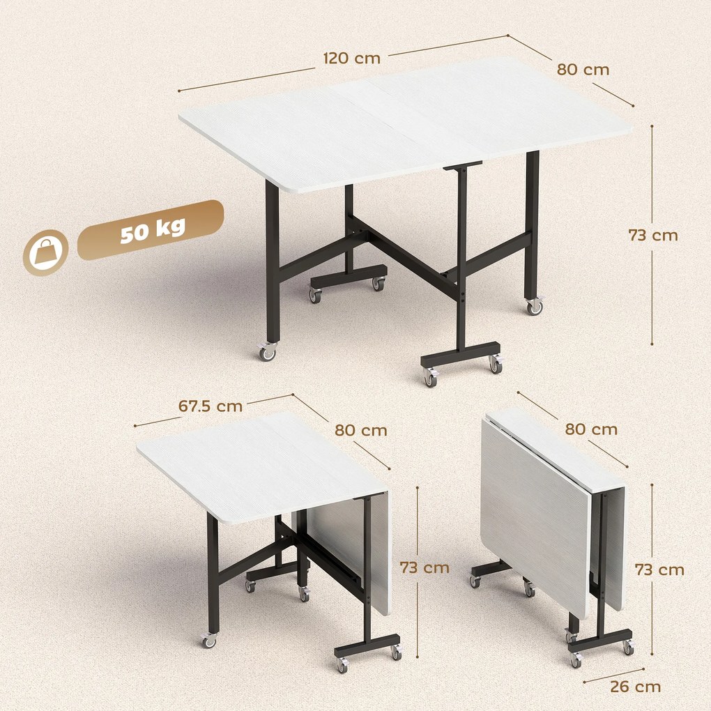 HOMCOM Masă de Dining Pliabilă, Masă Rabatabilă cu Roți și Frâne pentru 4-6 Persoane, Birou Compact cu Structură din Oțel, pentru Living, 120x80x73 cm, Alb cu Aspect de Lemn | Aosom Romania