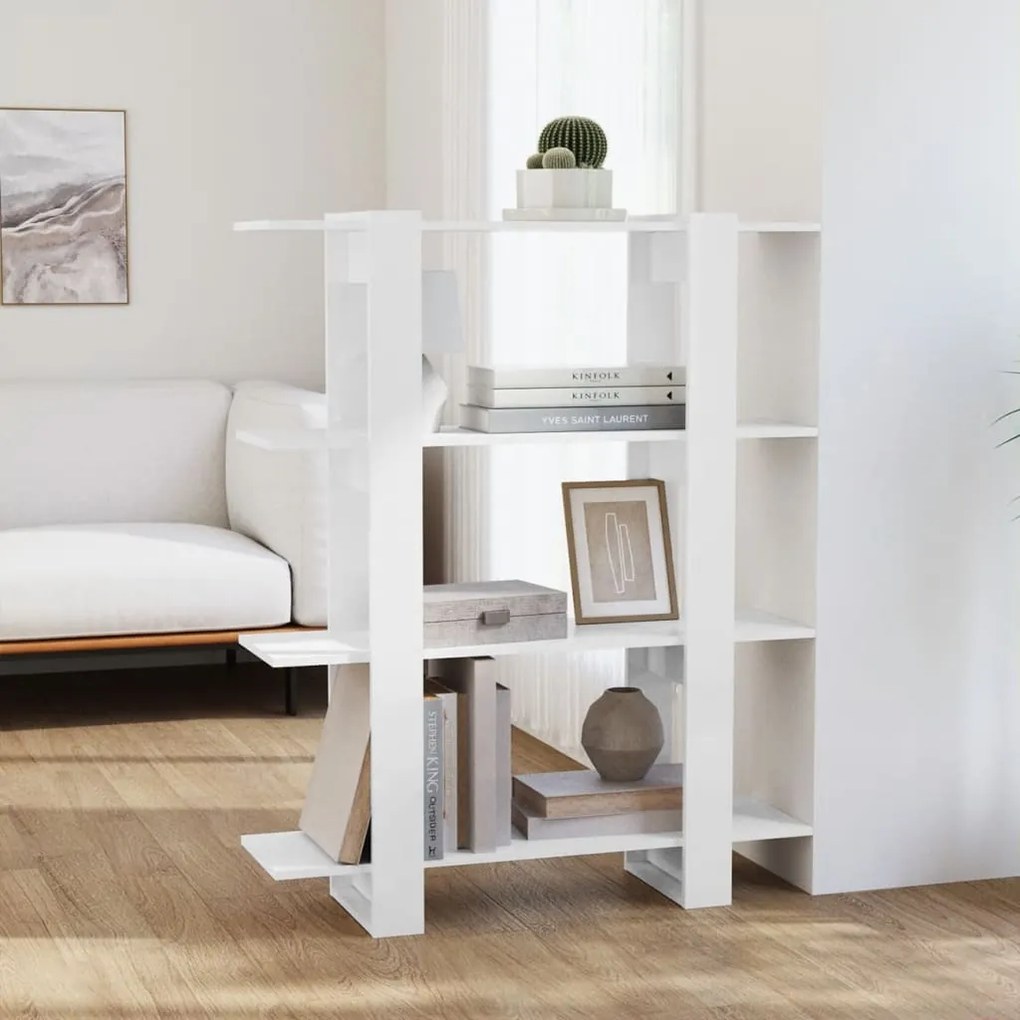 Bibliotecă/separator cameră, alb extralucios, 100x30x123,5 cm