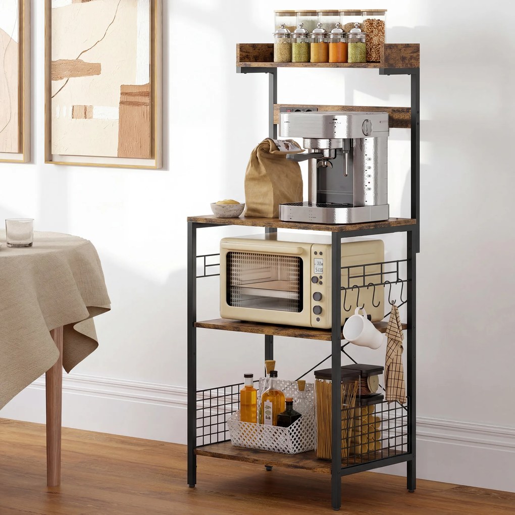 HOMCOM Estantería de Cocina con 2 Tomacorrientes Estante para Microondas Estante Ajustable Ganchos 60x42x137 cm Marrón Rústico | Aosom Romania