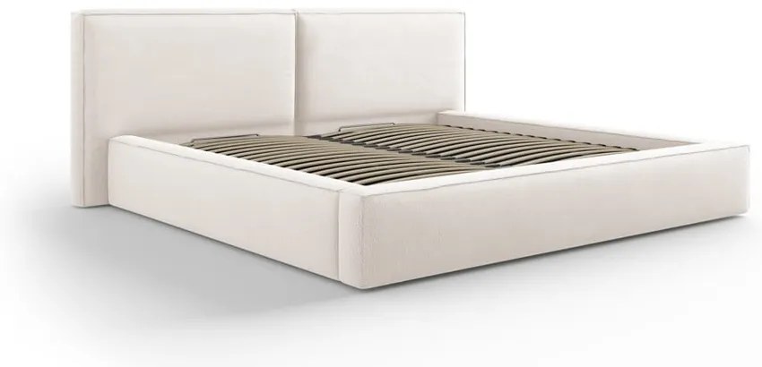 Pat matrimonial bej tapițat cu spațiu de depozitare și somieră 200x200 cm Arendal – Cosmopolitan Design