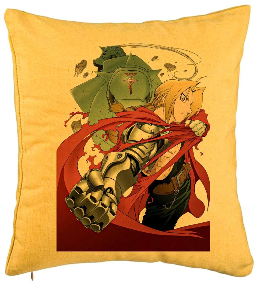 Perna Decorativa cu Full Metal Alchemist Edward Elric, 40x40 cm, Galben, Husa Detasabila, Burduf