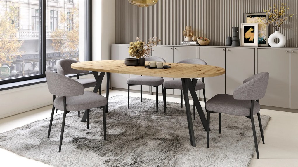 Mazzoni ALMO Stejar Artisan/picioare negre - MASĂ ROTUNDĂ EXTENSIBILĂ CU PICIOARE ÎN FORMĂ DE Y STIL LOFT PENTRU SALON/SUFRAGERIE