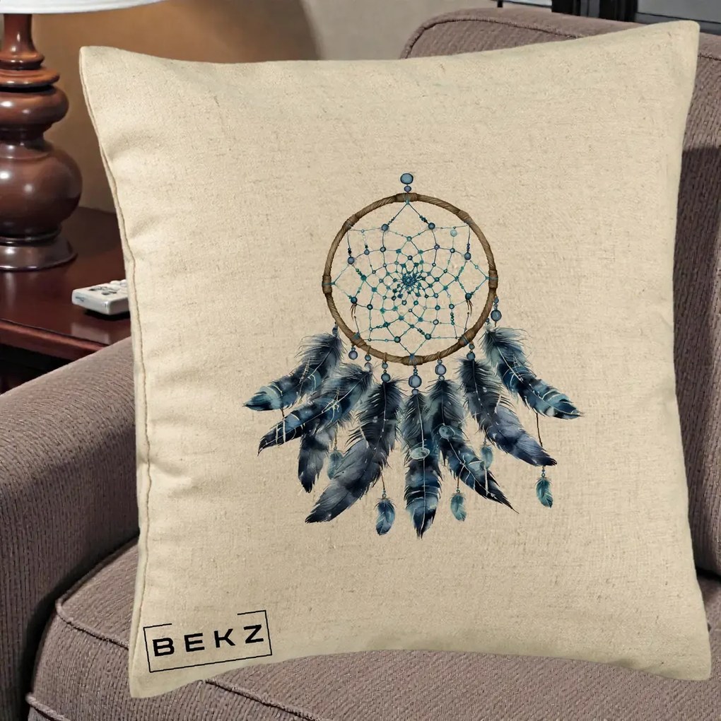 Perna Personalizata Prinzator de Vise cu Pene Albastre, 40x40 cm, Bej, Husa Detasabila, Perna Inclusa, BEKZ®