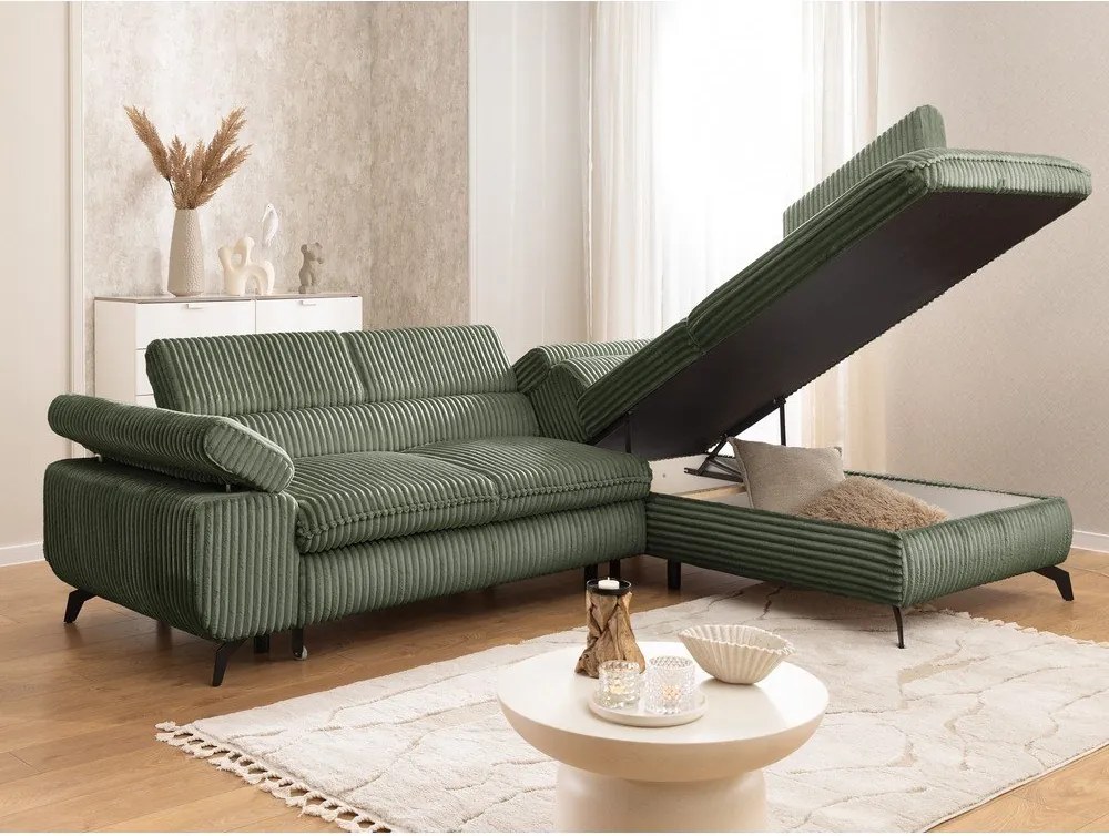 Colțar verde cu tapițerie din catifea reiată (cu colț pe partea dreaptă/în formă de ”L”) Marbeya – Ropez