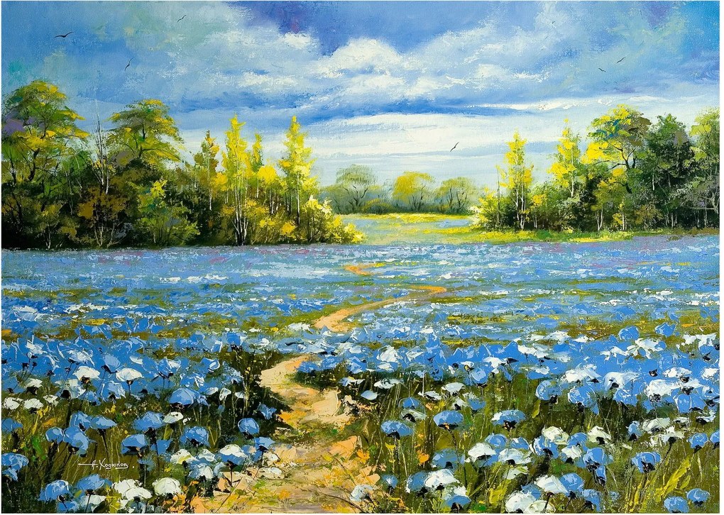 Tablou pe sticlă - Drum de câmp, pictură în ulei (70x50 cm)