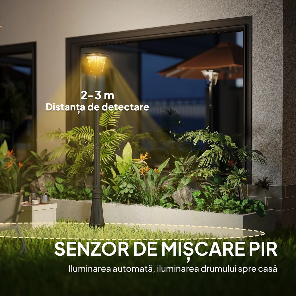 Outsunny Lampadar de Exterior cu Energie Solară cu Senzor PIR Negru | Aosom Romania