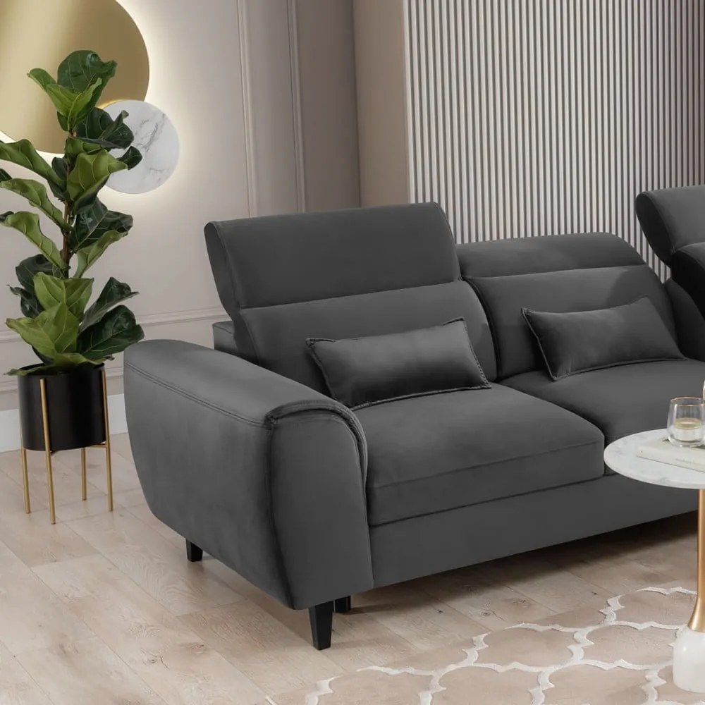 Colțar gri închis extensibil/cu spațiu de depozitare cu tapițerie din catifea (cu colț pe partea dreaptă/cu șezlong) Foble – ELTAP