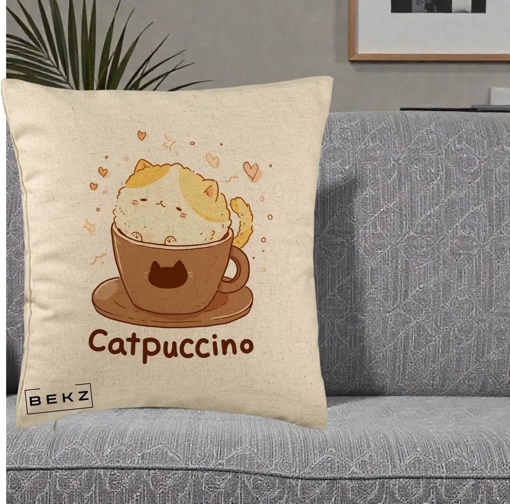 Perna Decorativa Catpuccino Pisica Cappuccino, 40x40 cm, Bej, Husa Detasabila, Perna Inclusa, BEKZ®